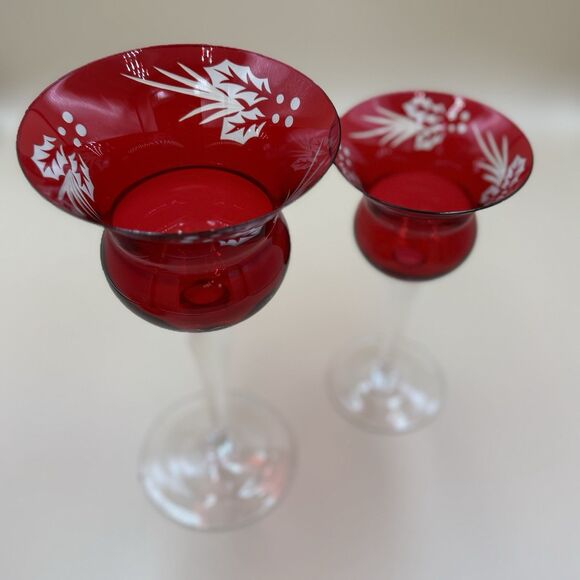 Lenox Holly Christmas Red Candlestick Votives Set Of 2 W/ Box, Etched Glassware - Picture 5 of 7
